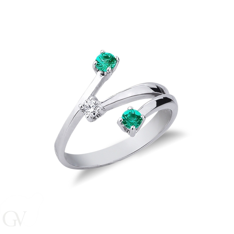 White gold 18k trilogy ring with diamonds and emeralds