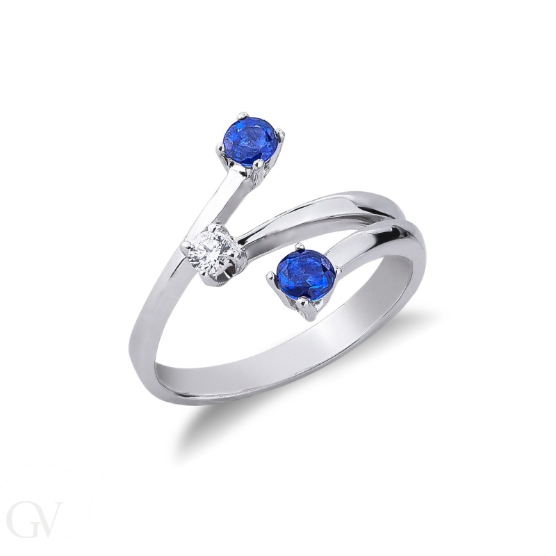 White gold 18k trilogy ring with blue sapphires and diamonds 