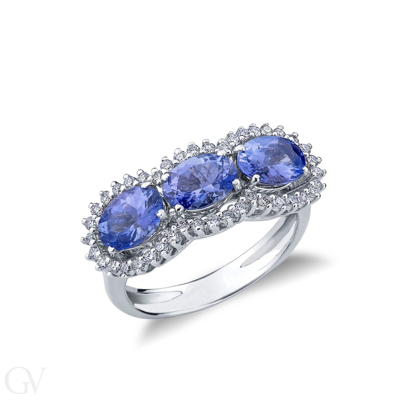 Trilogy ring in white gold 18k with diamonds and tanzanite 