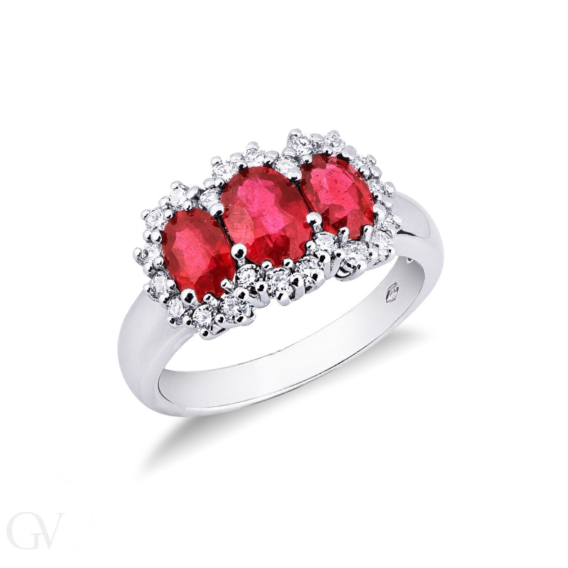 White gold 18k trilogy ring with diamonds and rubies