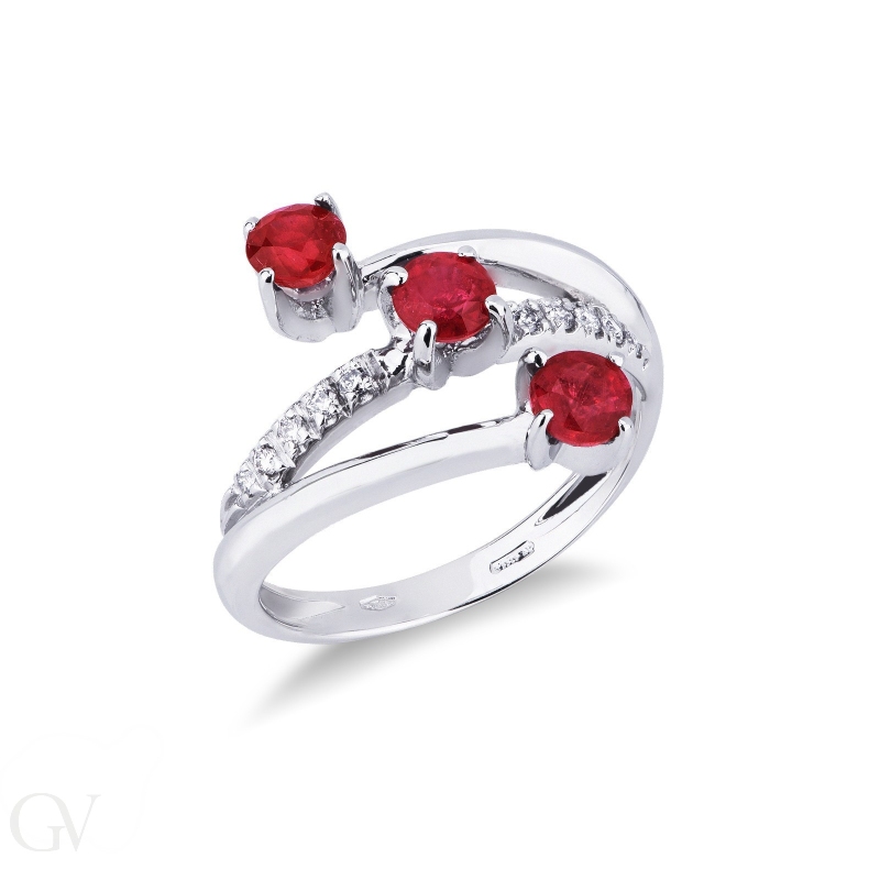 Trilogy type ring white gold 18k with diamonds and rubies