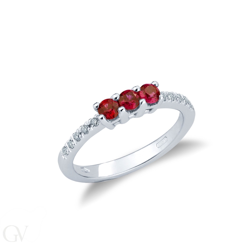 Trilogy ring with central rubies and diamonds 