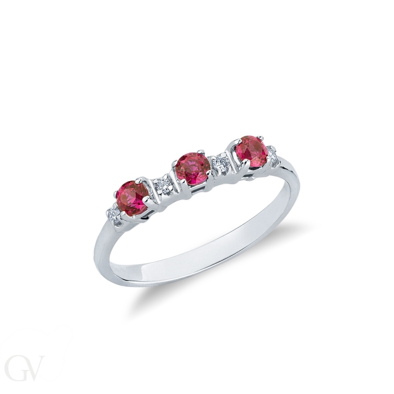 Trilogy ring white gold 18k with rubies and diamonds 