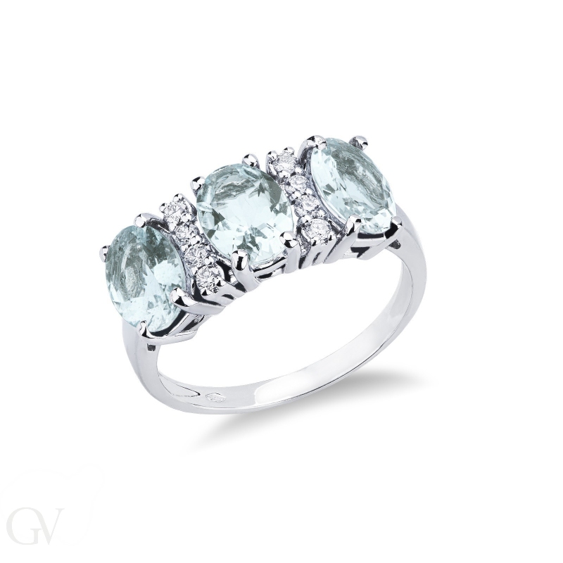 Band ring with aquamarine and diamonds white gold 18k