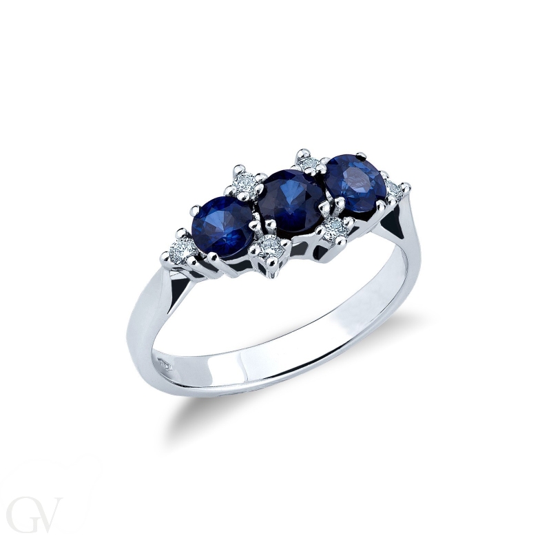 Trilogy type ring white gold 18k with diamonds and blue sapphires