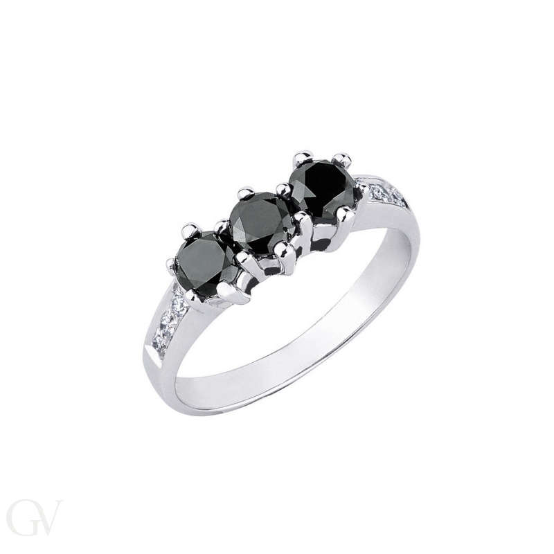 Trilogy ring white gold 18k with white and black diamonds 