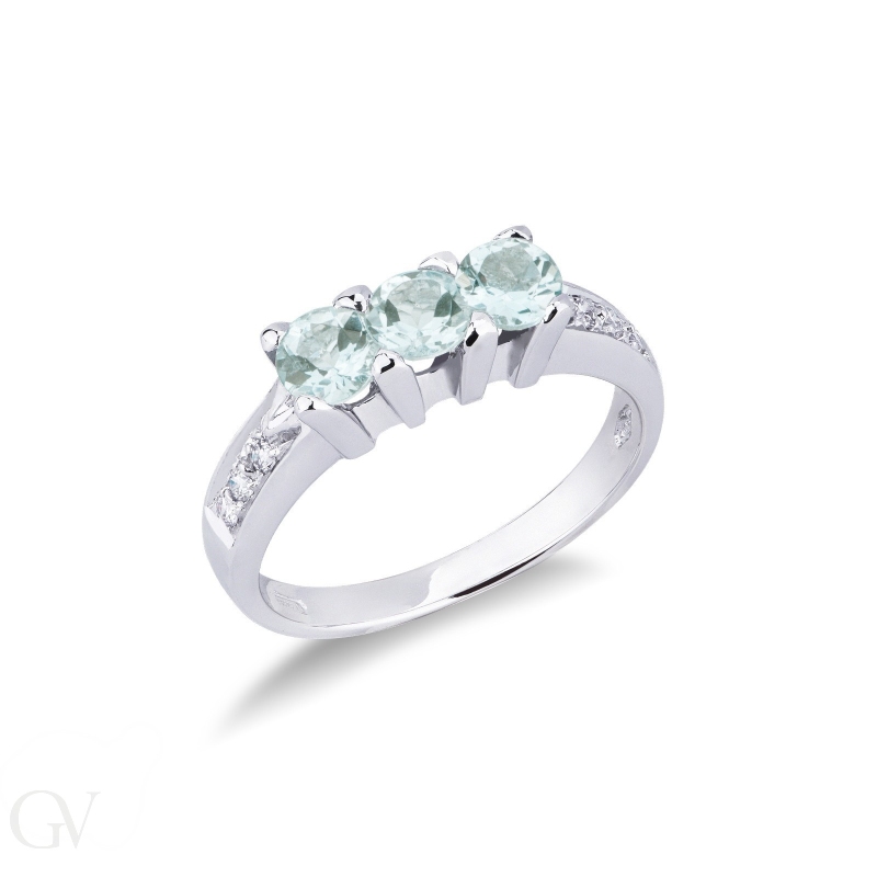 White gold 18k trilogy ring with diamonds and aquamarines