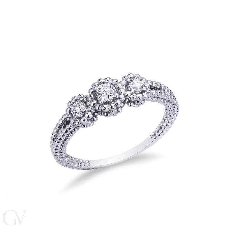 Trilogy ring with wrought shank and diamonds 