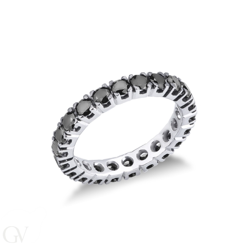 18k white gold eternity ring with black diamonds and burnished tips 