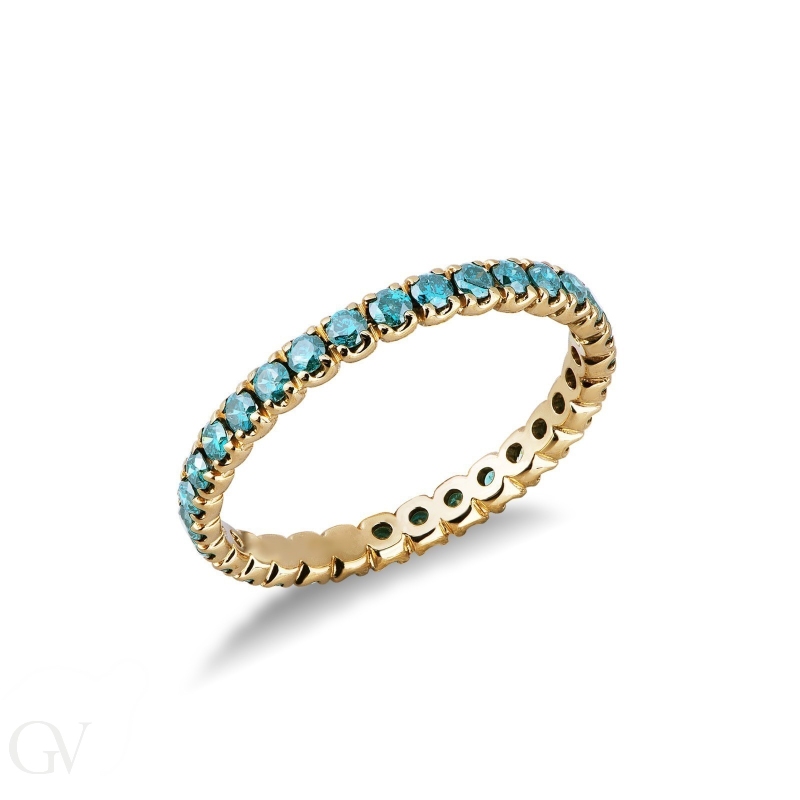 18k yellow gold eternity ring with blue diamonds 