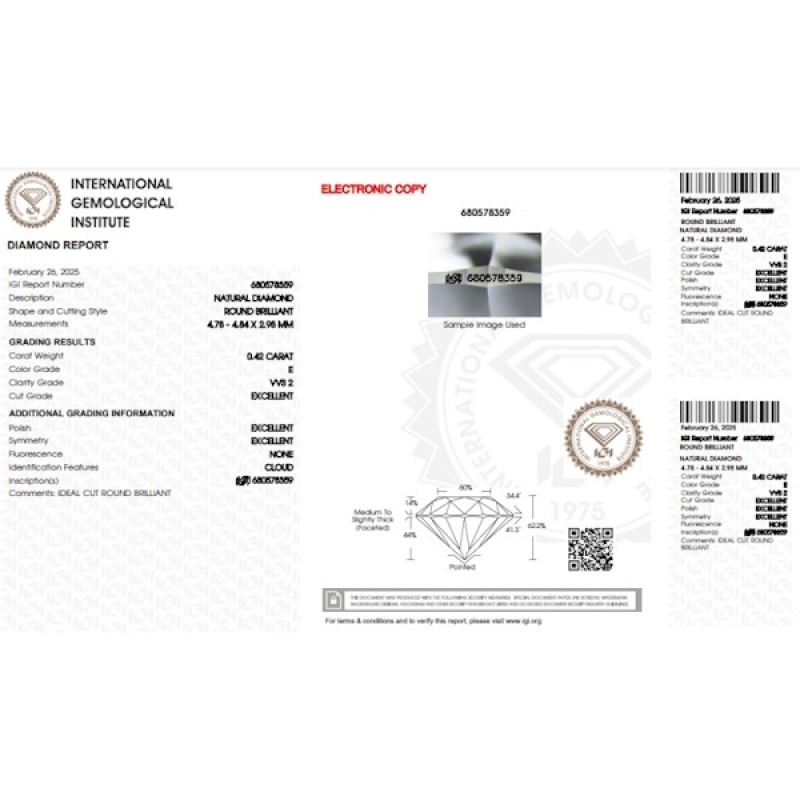 Diamante Certificato IGI   CT 0,42   E   VVS 2