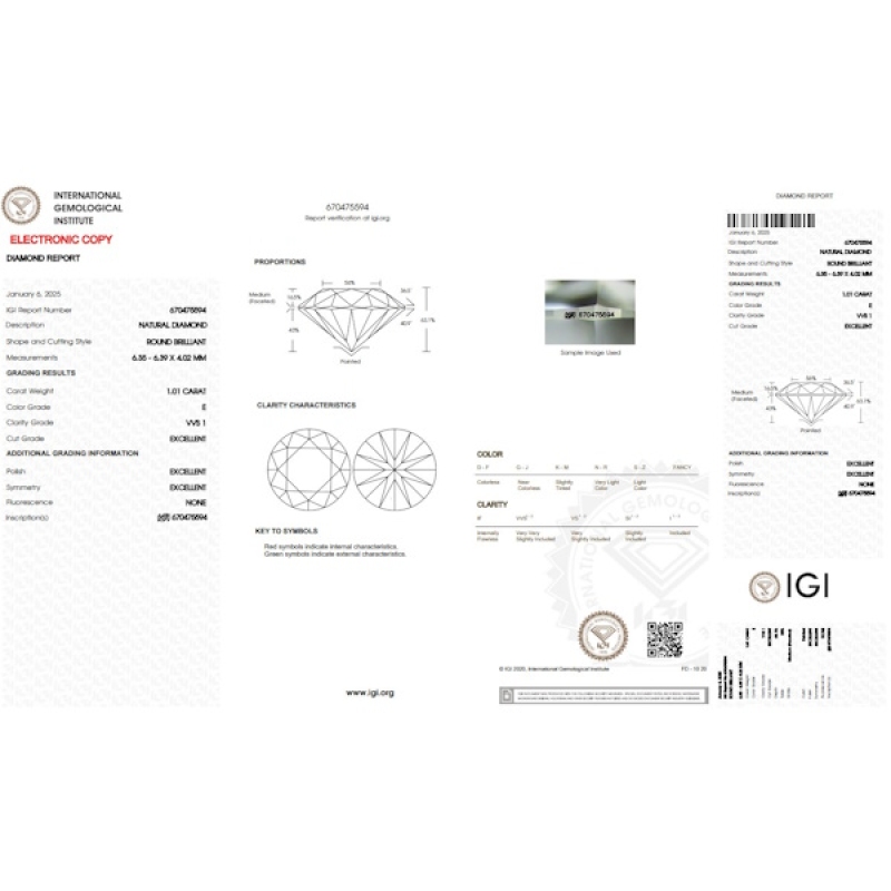 Diamante Certificato IGI   CT 1,01   E   VVS 1