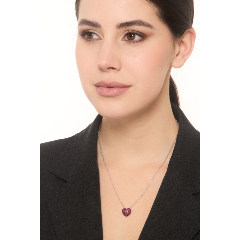 Collana in oro bianco 750 con ciondolo cuore pavè rubini