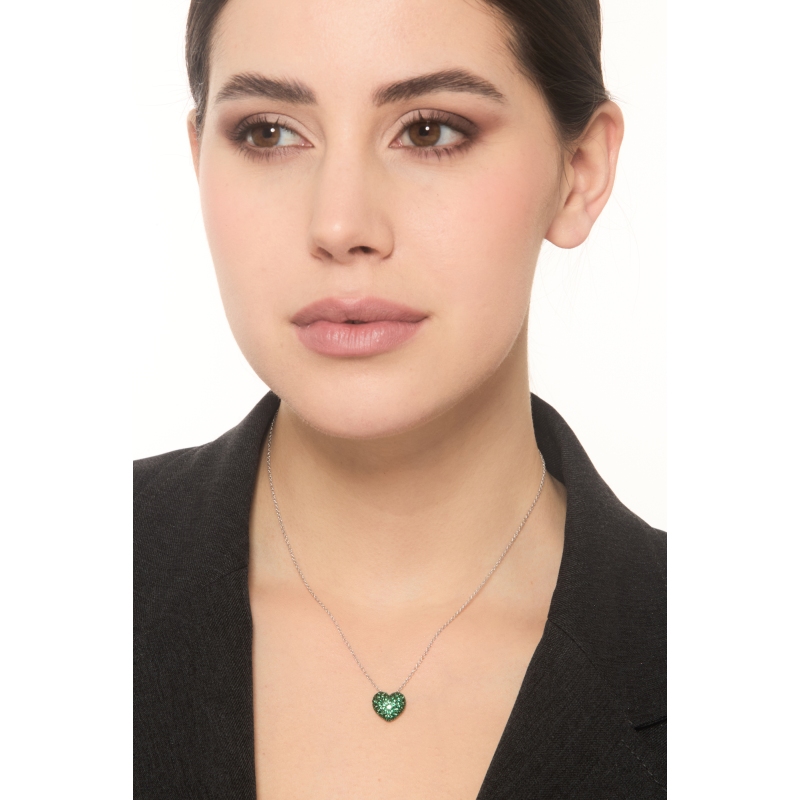 GIROCOLLO CON PAVE' CUORE BOMBATO MM11.5X12.5 IN SMERALDI, CATENA ROLÒ