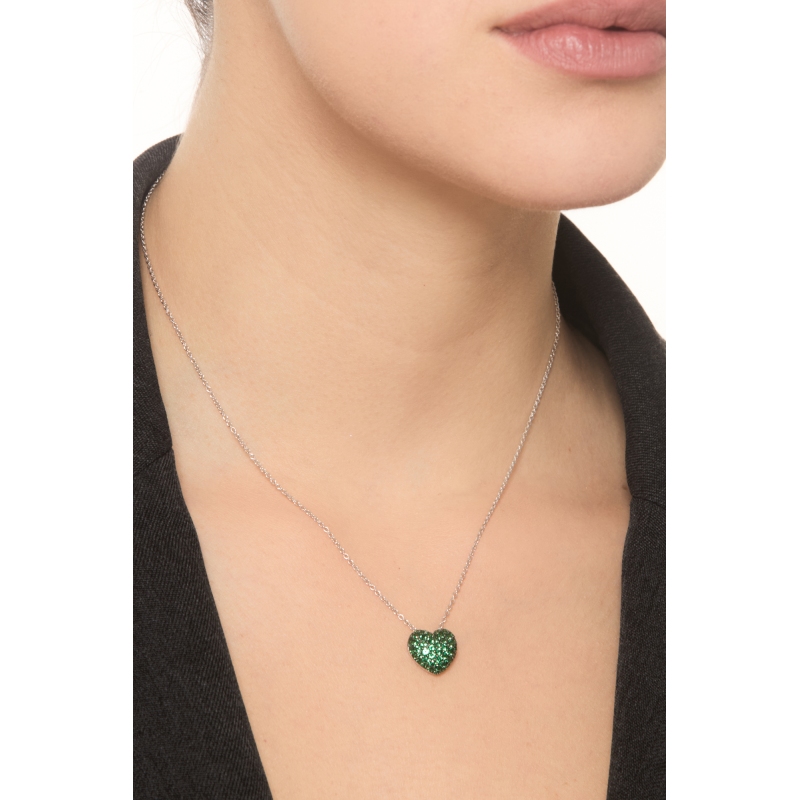 GIROCOLLO CON PAVE' CUORE BOMBATO MM11.5X12.5 IN SMERALDI, CATENA ROLÒ