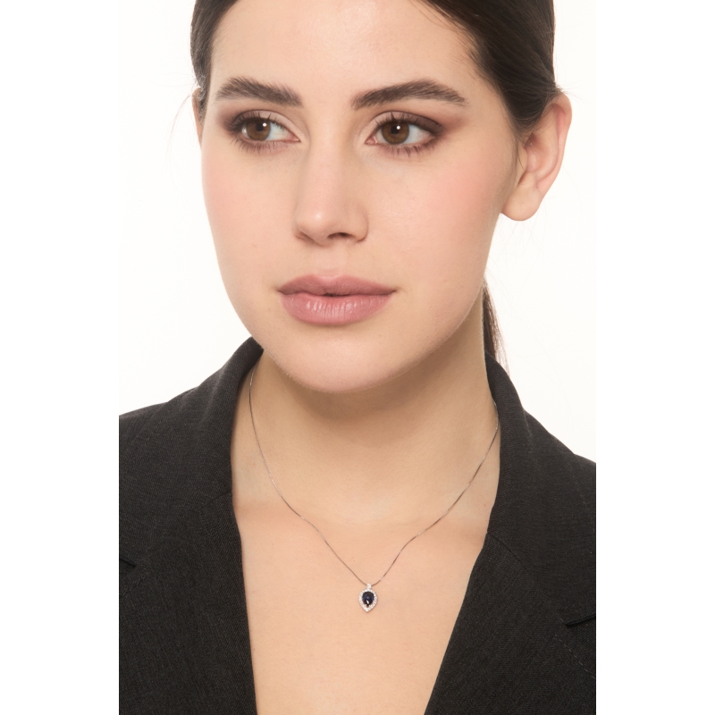 Collana in oro bianco 750 con ciondolo zaffiro blu a goccia e diamanti