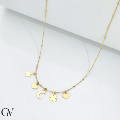 Collana in oro giallo 750 con charms cuore, stella, quadrifoglio e luna