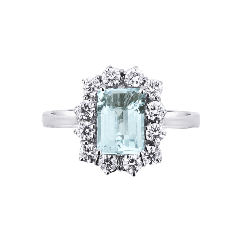 Halo ring with aquamarine emerald cut and diamonds white gold 18k 