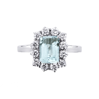 Halo ring with aquamarine emerald cut and diamonds white gold 18k 