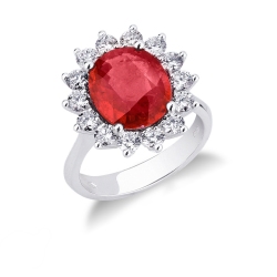 Halo ring white gold 18k with diamonds and a central ruby