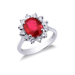 Halo ring white gold 18k with diamonds and ruby oval cut 