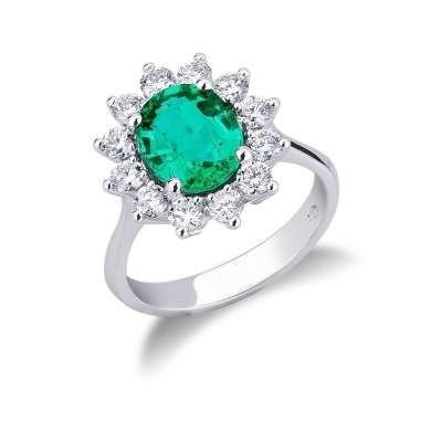 Halo ring with diamonds and emerald oval cut white gold 18k