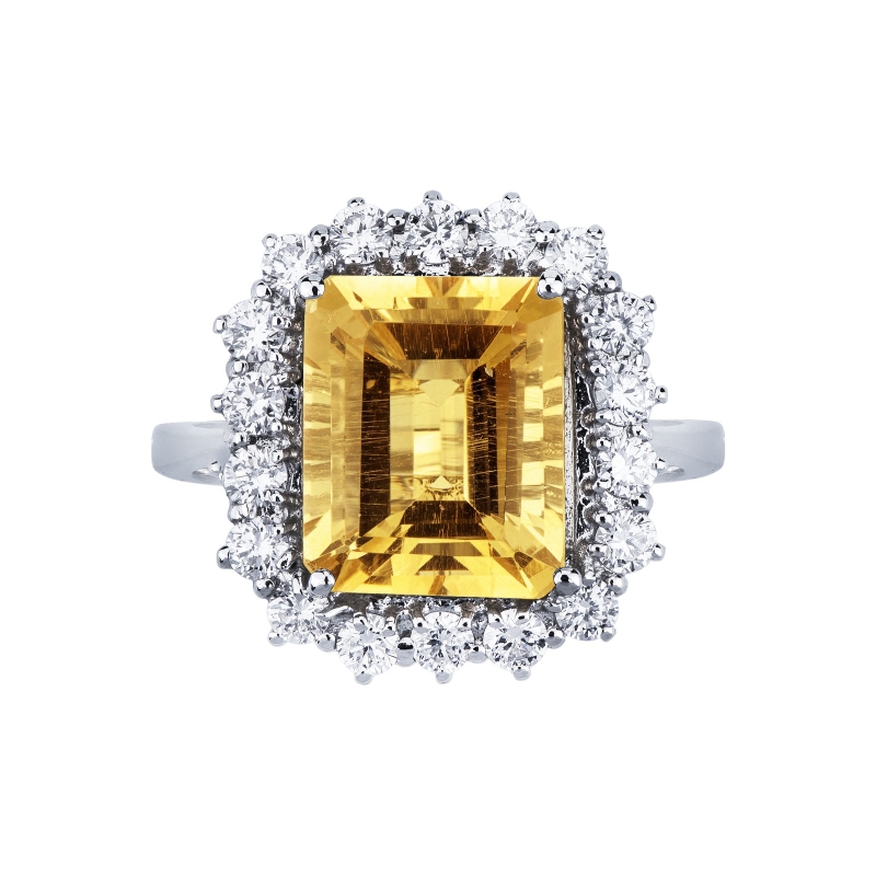 Anello contorno con Citrino Rettangolare e diamanti in oro bianco 18k