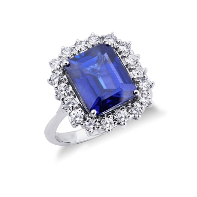 White gold 18k halo ring with blue sapphire emerald cut and diamonds 