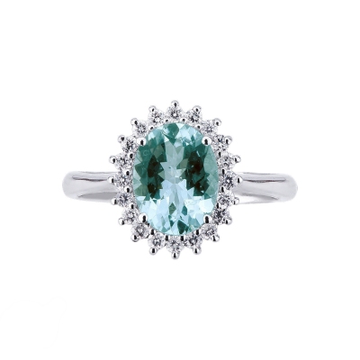 White gold 18k halo ring with diamonds and a central aquamarine 