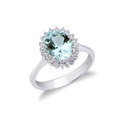 White gold 18k halo ring with diamonds and a central aquamarine 