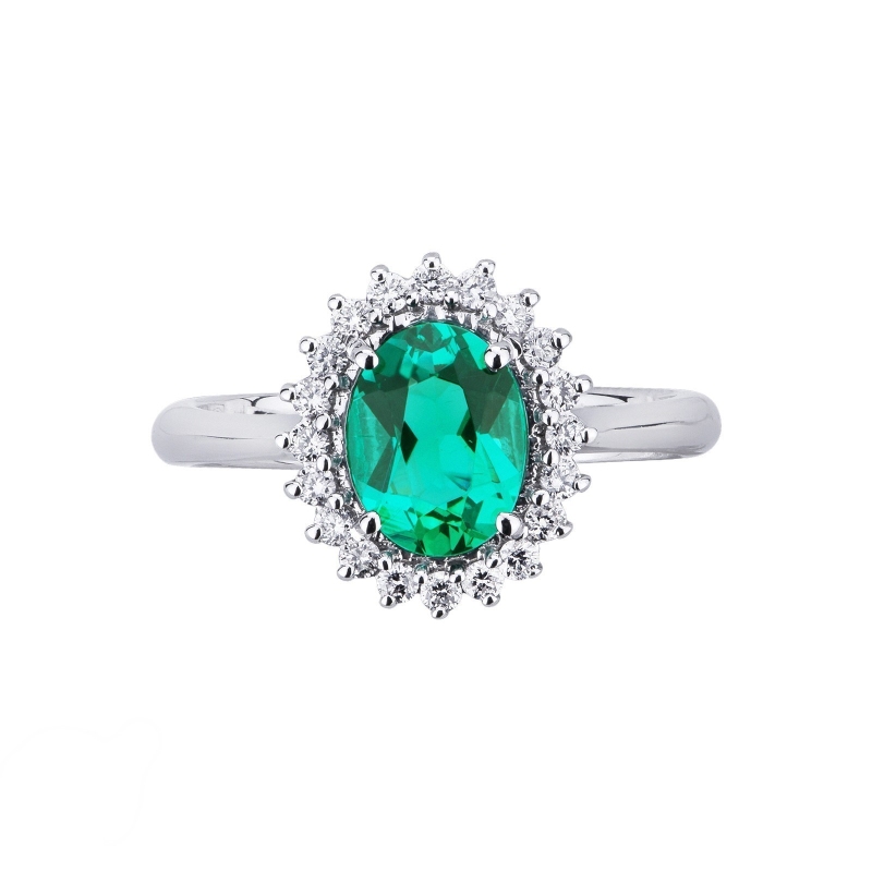 Halo ring white gold 18k with diamonds and emerald