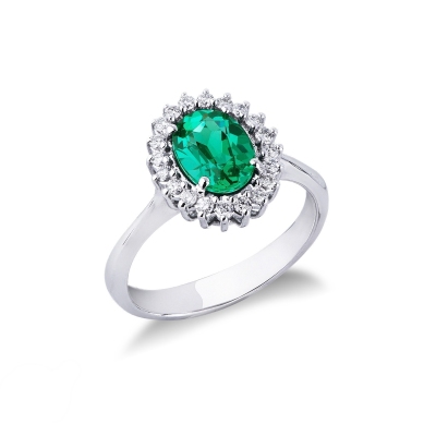 Halo ring white gold 18k with diamonds and emerald