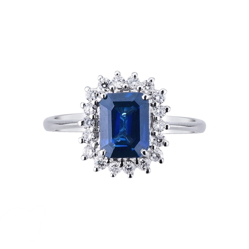 18k white gold halo ring with blue sapphires and diamonds 