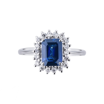 18k white gold halo ring with blue sapphires and diamonds 