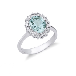 Anello contorno in oro bianco 18k con centro in Acquamarina e Diamanti