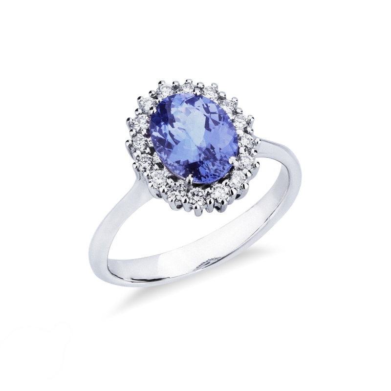 Anello contorno con tanzanite ovale e diamanti in oro bianco 18k 