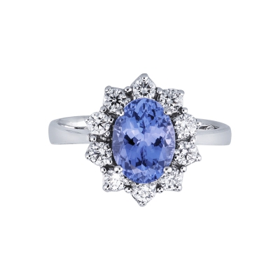 18k white gold halo ring with an oval tanzanite and diamonds
