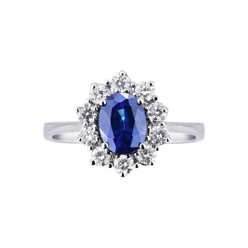 Diamond halo ring white gold 18k with a central blue sapphire and diamonds 