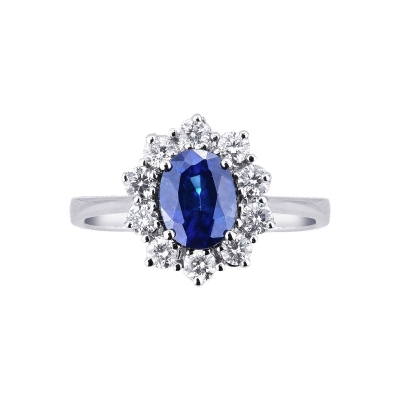 Diamond halo ring white gold 18k with a central blue sapphire and diamonds 