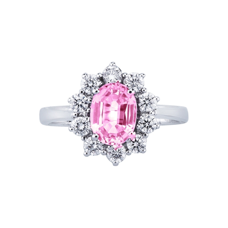 Halo ring in white gold 18k with pink sapphire oval cut and diamonds