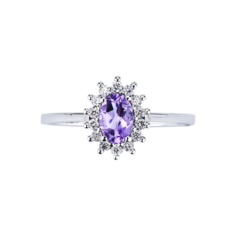 Halo ring with oval cut amethyst and diamonds 