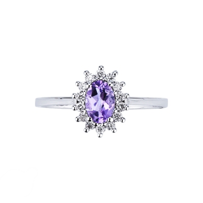 Halo ring with oval cut amethyst and diamonds 