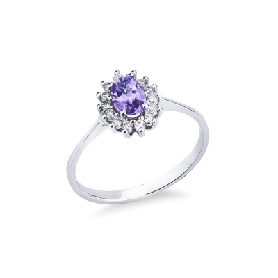 Halo ring with oval cut amethyst and diamonds 