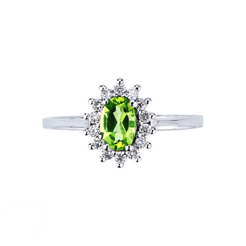Anello contorno peridoto verde e diamanti in oro bianco 18kt
