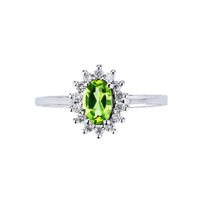 Anello contorno peridoto verde e diamanti in oro bianco 18kt