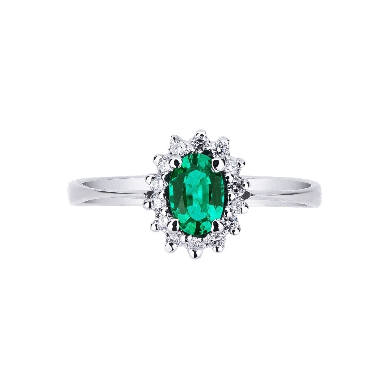 Halo ring white gold 18k with central emerald and diamonds