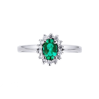 Halo ring white gold 18k with central emerald and diamonds