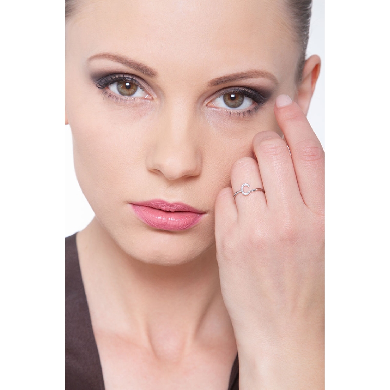 18k white gold letter C ring with diamonds 