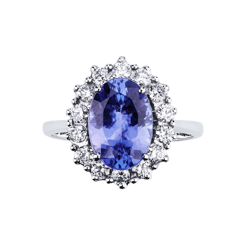 Anello contorno con tanzanite centrale e diamanti in oro bianco 18k 