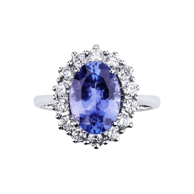 Anello contorno con tanzanite centrale e diamanti in oro bianco 18k 